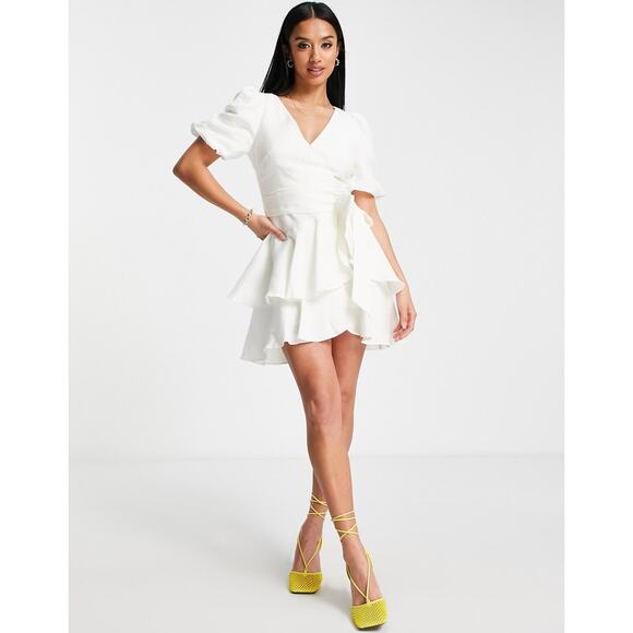 Ever New Dresses & Skirts - Ever New Linen Dress Size 4 White Puff Sleeve Tiered Wrap Mini Tie Waist